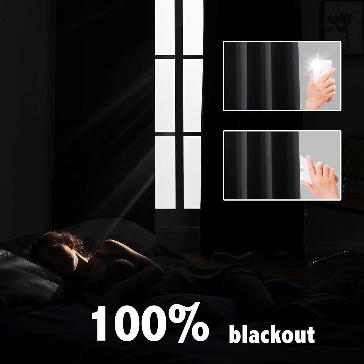 Anytime 100% Blackout Curtain Set, Thermal Insulated & Energy Efficiency Window Draperies for Guest Room, Full Shading Panels for Shift Worker and Light Sleepers（Black, 2 Panels, 42W x 84L）