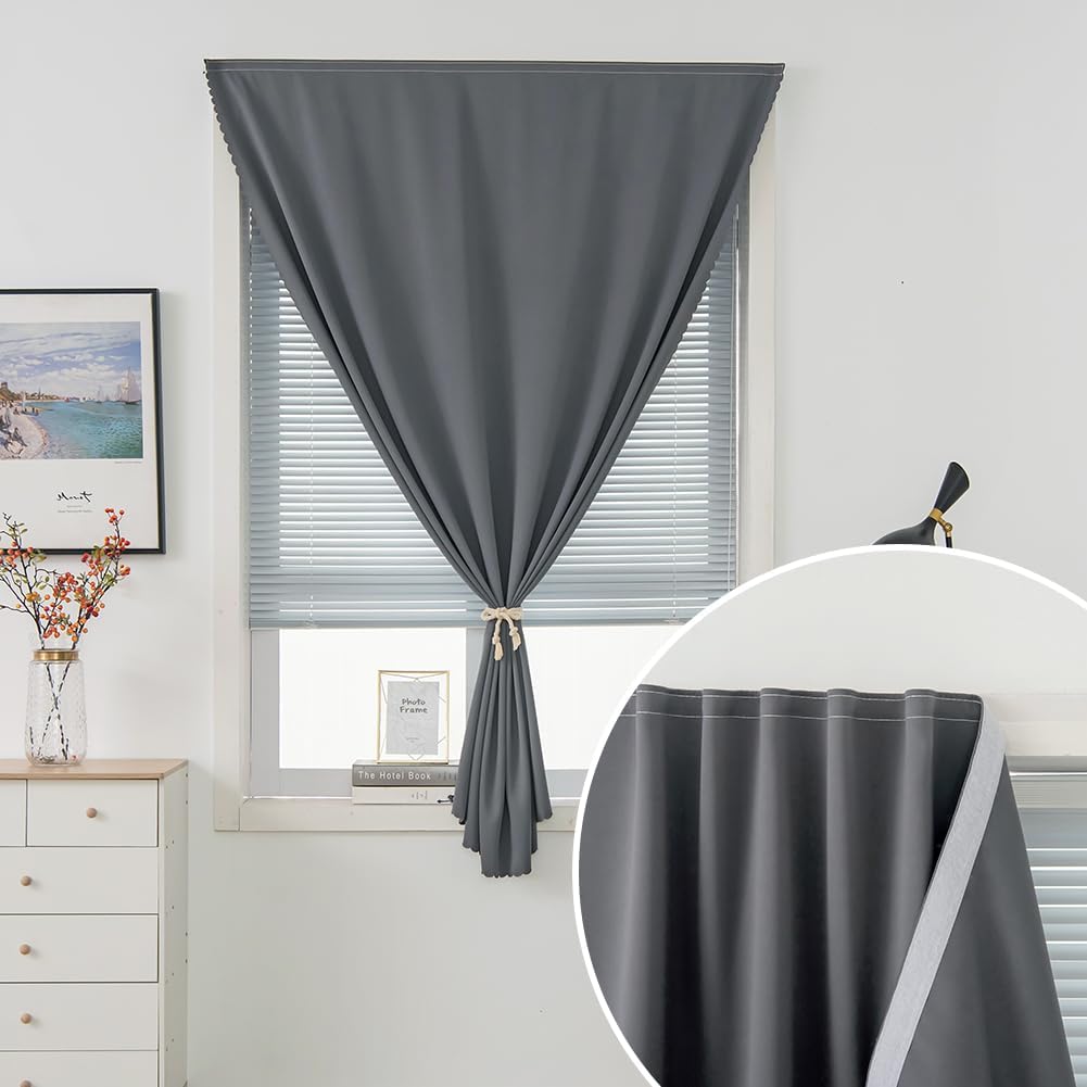 Magic Tape Stick On Curtains Window Shades Pull Down Blackout Window Cover Blackout Curtains for Bedroom No Drillng Self Adhesive Curtains No Rod, 35" W X 59" L, Grey, 1 Panel