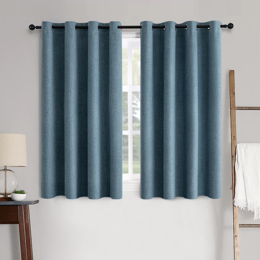 MIULEE Linen Texture Curtains for Bedroom Solid 100% Blackout Thermal Insulated Dusty Blue Curtains Grommet Room Darkening Drapes Luxury Decor for Living Room Nursery 52x63 Inch (2 Panels)