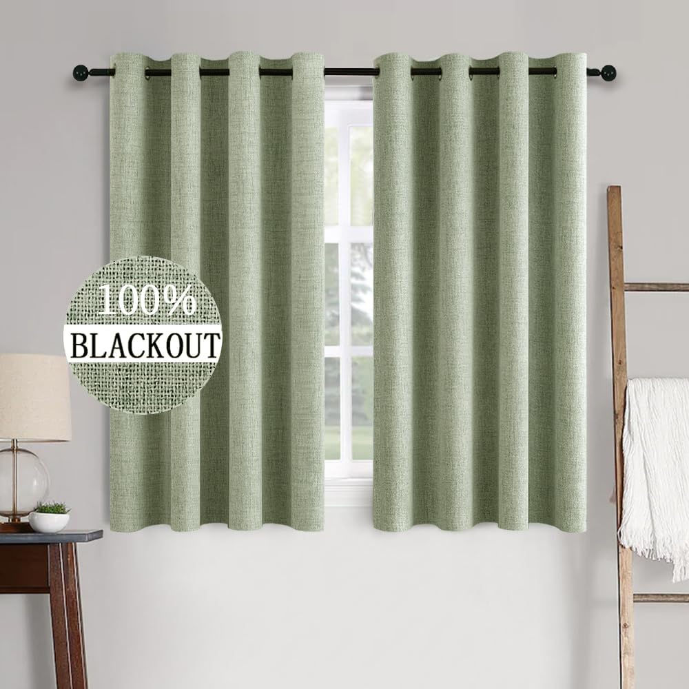 MIULEE Linen Texture Curtains for Bedroom Solid 100% Blackout Thermal Insulated Sage Green Curtains Grommet Room Darkening Drapes for Living Room Nursery 52x45 Inch (2 Panels)