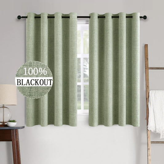 MIULEE Linen Texture Curtains for Bedroom Solid 100% Blackout Thermal Insulated Sage Green Curtains Grommet Room Darkening Drapes for Living Room Nursery 52x45 Inch (2 Panels)