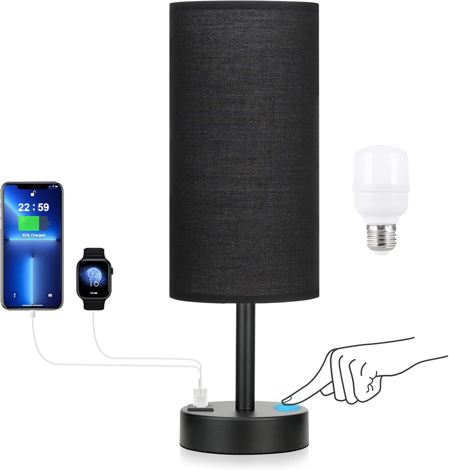 Black Touch Nightstand Lamps for Girl - Small Bedside Lamp with USB-C and USB Charging Ports, 3 Way Dimmable Control Table Lamp for Living Room Office, Dorm, Reading with Fabric Shade Black Base