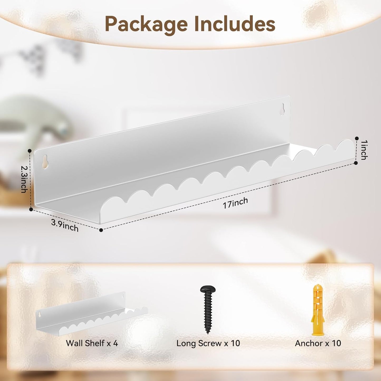 Nursery Book Shelves, 17 Inch White Metal Floating Shelves for Wall 4 Pack, Wall Mounted Book Shelf for Kids Room, Bedroom, Bathroom, Playroom Decor