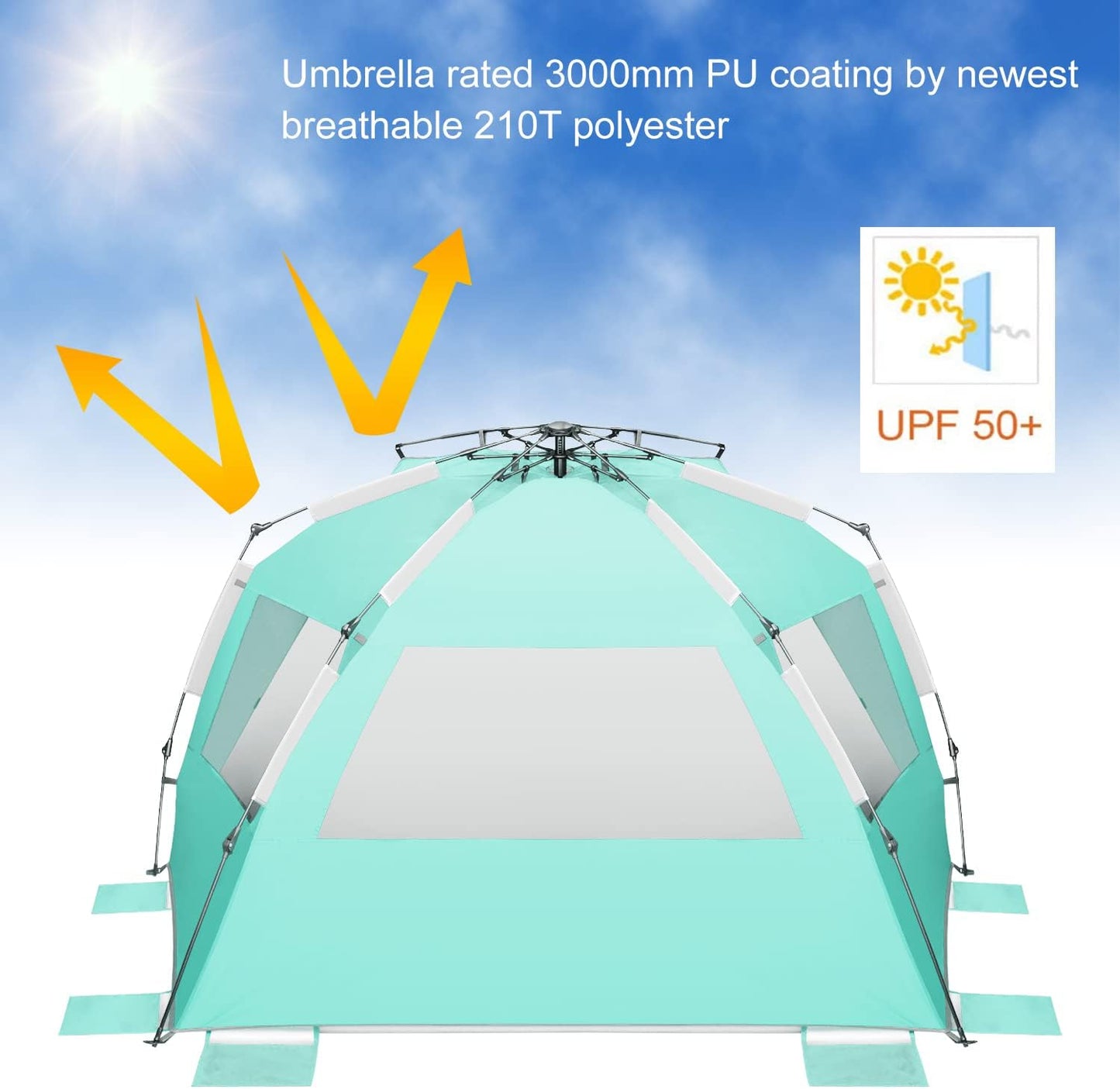 Oileus XX-Large Pop Up Beach Tent Sun Shelter for 5-6 Person Portable Sun Shade Instant Tent for Beach with Carrying Bag, Stakes, 6 Sand Pockets, Anti UV for Fishing Hiking Camping Light Green