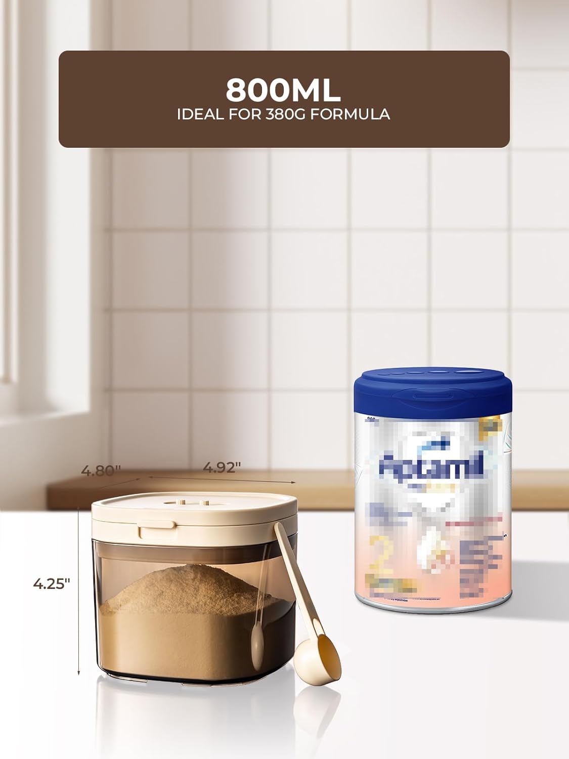 Travel Formula Container, 800ml BPA-Free Baby Formula Dispenser On The Go with Flip Top Lid, Magnetic Spoon & Date Marker, 13OZ, 0.84LB, 380g, Brown