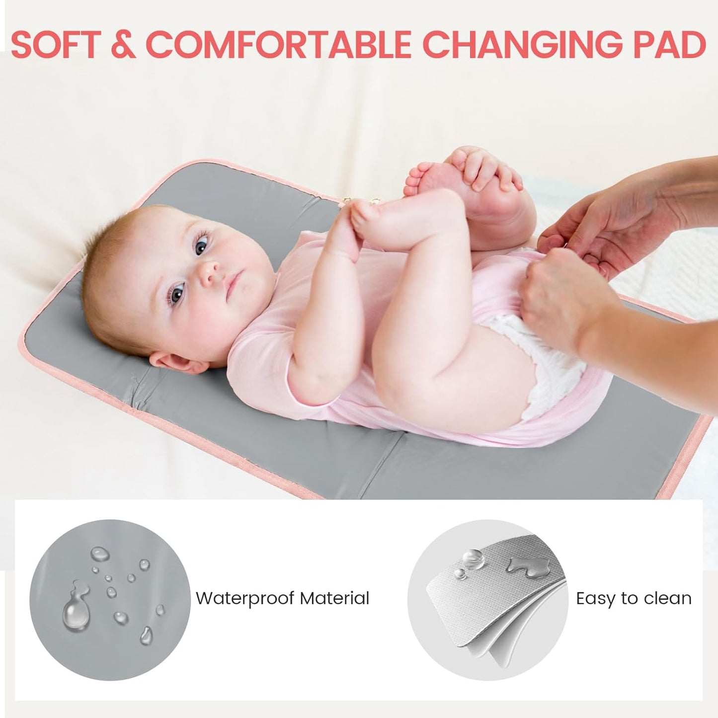 LOVEVOOK Diaper Bag Backpack, Baby Bag with Changing Station, Large Diaper Backpack for Moms Dads, Waterproof Leather Accents Baby Boy and Girl Bag for Travel Baby Essentials, Pink-Beige