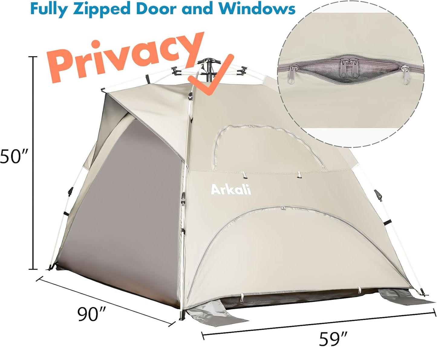 Beach Tent Pop Up Beach Sun Shade Tent with UPF 50+ UV Protection, Removable Floor Zippered Privacy & Ventilation Sun Shelter Family 3 to 4 Person