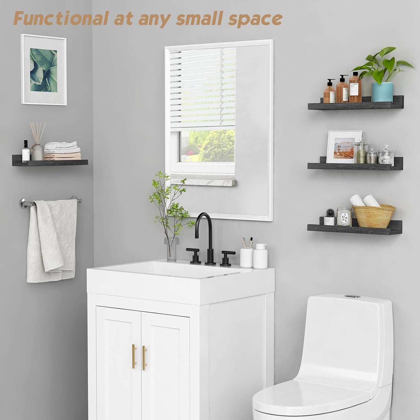 Forbena Black Floating Shelves for Wall with Lip Set of 4, Small Picture Ledge Shelf for Living Room Bedroom Books, Wood Wall Mounted Shelves for Bathroom Decor Entryway Kitchen Storage (Black)