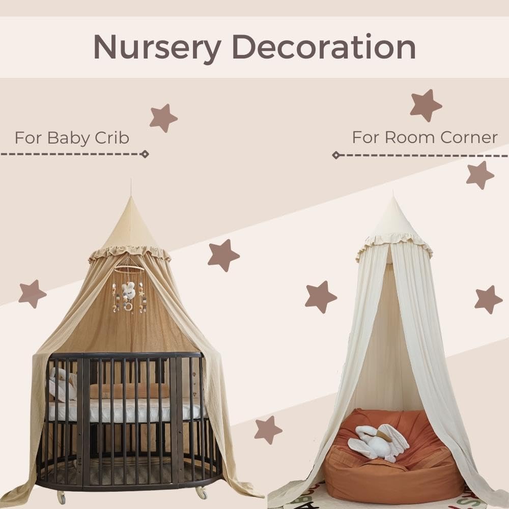 Wonder Space Kids Bed Canopy with Ruffles, Pastel Neutral Color for Boys & Girls, Frilled Cotton Tent Nursery Room Baby Crib Hanging Curtain Mosquito Netting Children Reading Nook Decoration (Nougat)