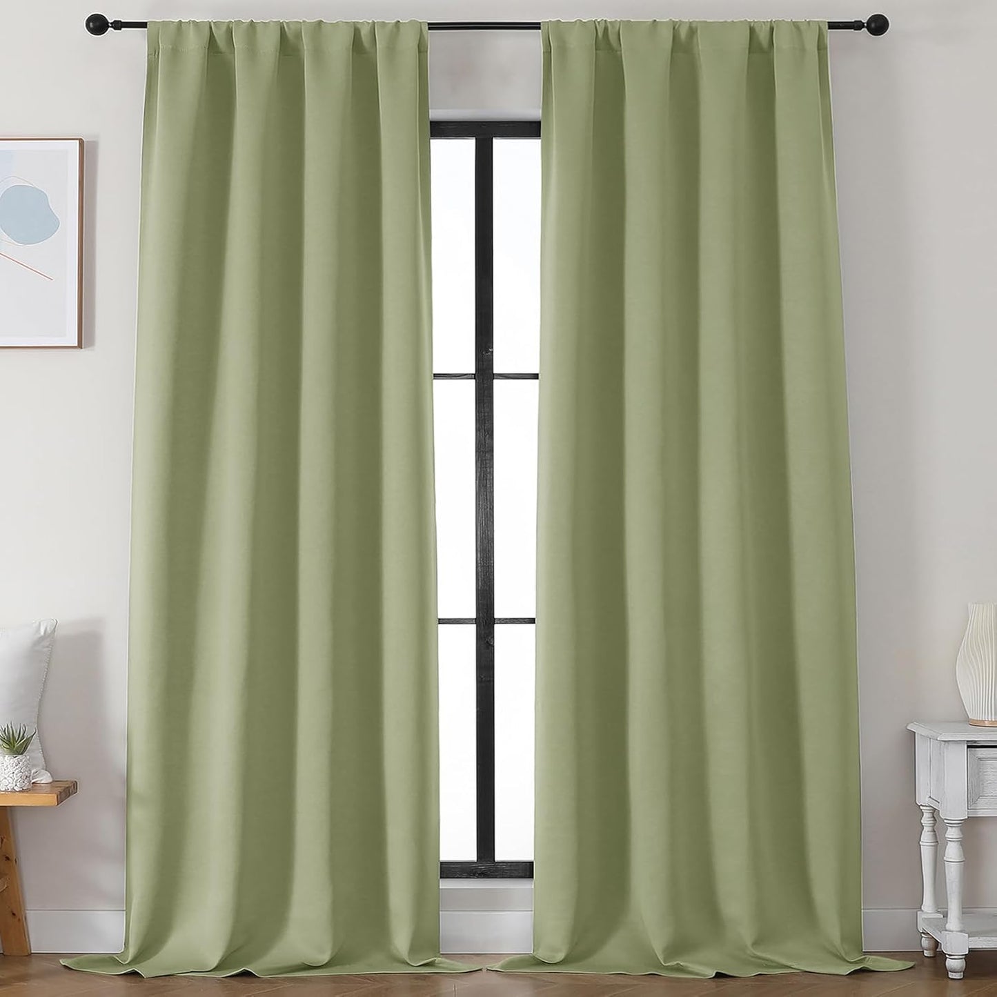 Simplebrand Ava Sage Green Blackout Curtains for Bedroom 96 Inches Long 2 Panels, Solid Thermal Insulated, Energy Saving Living Room Window Treatment Curtains Blackout Drapes, W50 x L96 Inch, Sage