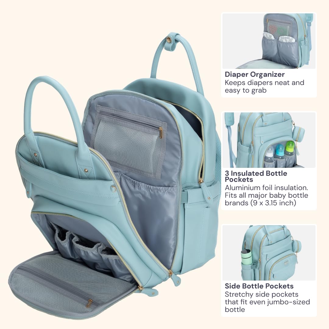 BabbleRoo Leather Diaper Bag Backpack - Baby Essentials Travel Baby Bag, Multi function, Waterproof, with Changing Pad, Stroller Straps & Pacifier Case – Unisex, Powder Blue
