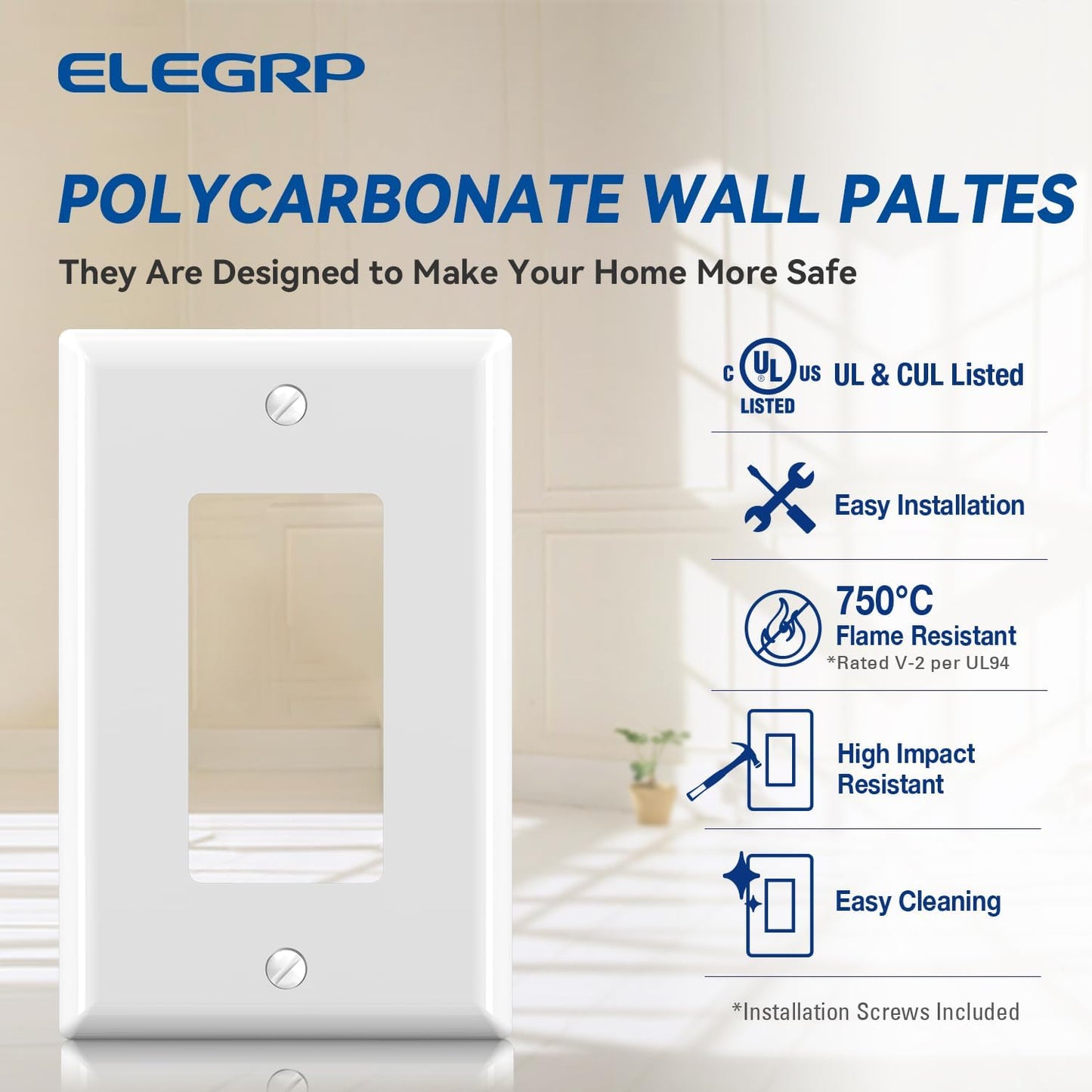 ELEGRP Decorative Receptacle Wall Plate, 1-Gang Mid Size Decorator Covers, Unbreakable Polycarbonate Faceplates for Decorator Device, UL Listed, Screws Included (1 Pack, Glossy White)