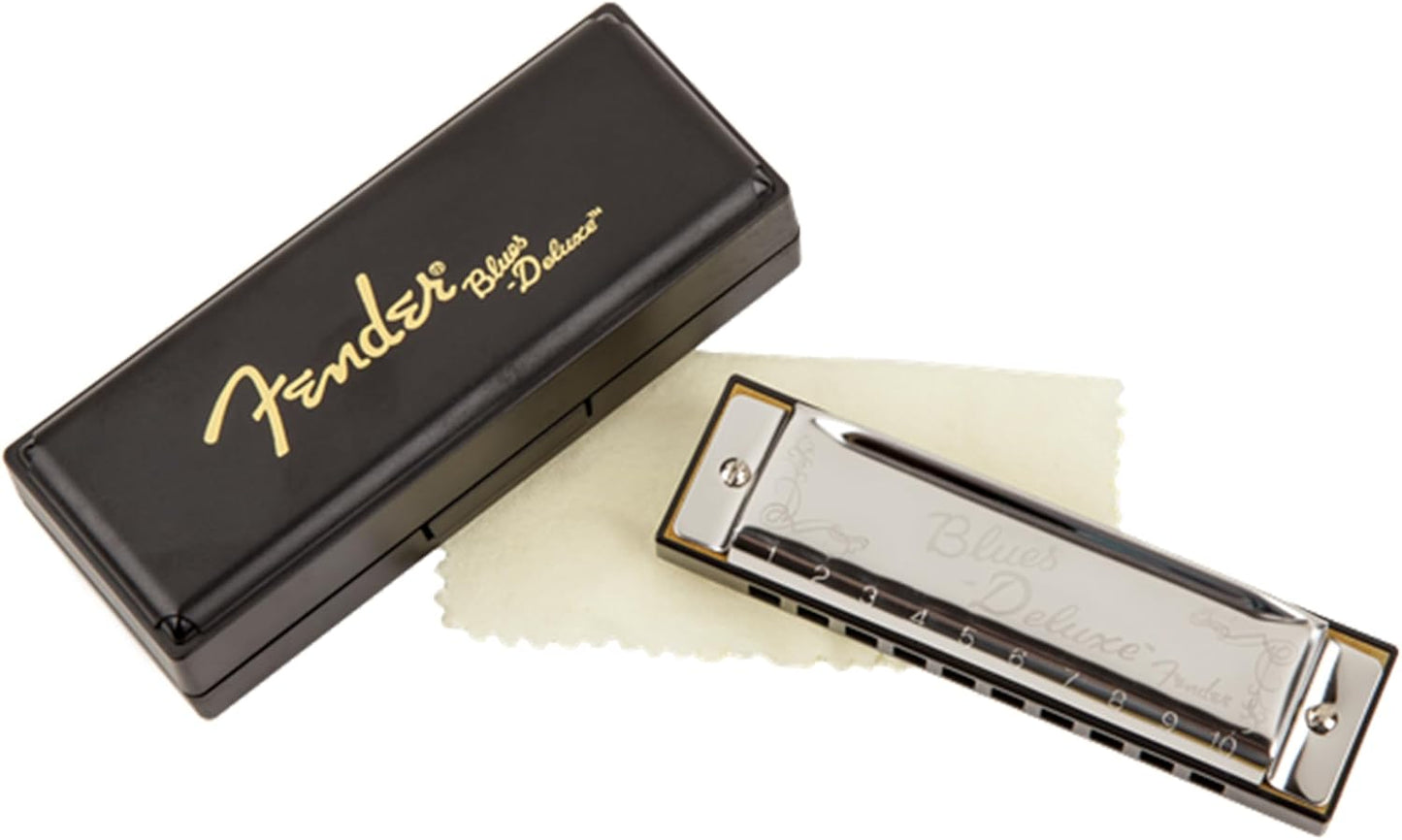 Fender Blues Deluxe Harmonica - Key of F Bundle with Carrying Case, Austin Bazaar Online Manual, and Polishing Cloth