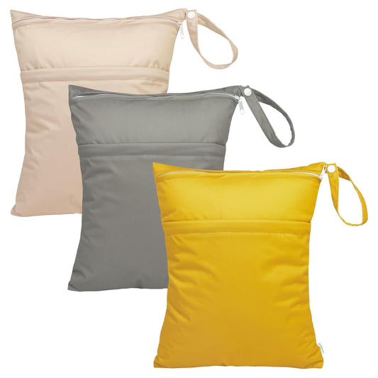 babygoal Wet Dry Bags for Baby Cloth Diapers, Washable Travel Bags, Beach, Pool, Gym Bag for Swimsuits & Wet Clothes with Two Zippered Pockets 3 Pack, 3LN24