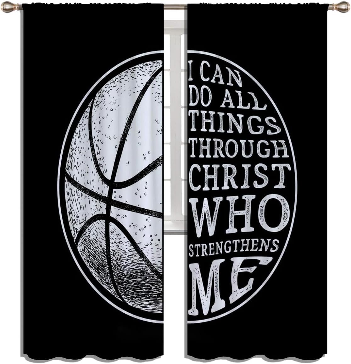 Basketball Blackout Curtains for Boy Girl Room Darkening Decor,Sport Theme and White Motto Dark Background Bedroom Living Room Home Rod Pocket Thermal Insulated Window Curtain/Drapes Panel,84x63 Inch…
