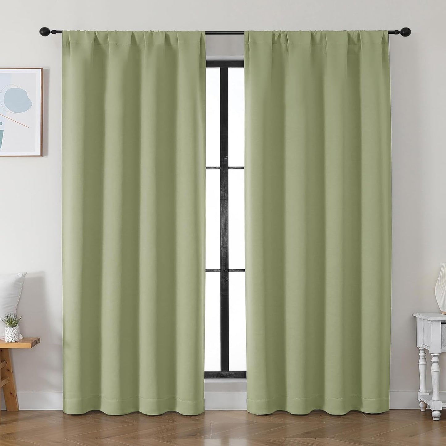 Simplebrand Ava Sage Green Blackout Curtains for Bedroom 84 Inch Length 2 Panels Set, Solid Thermal Insulated Privacy Living Room Window Treatment Curtains Blackout Drapes, W50 x L84 Inch, Sage Green