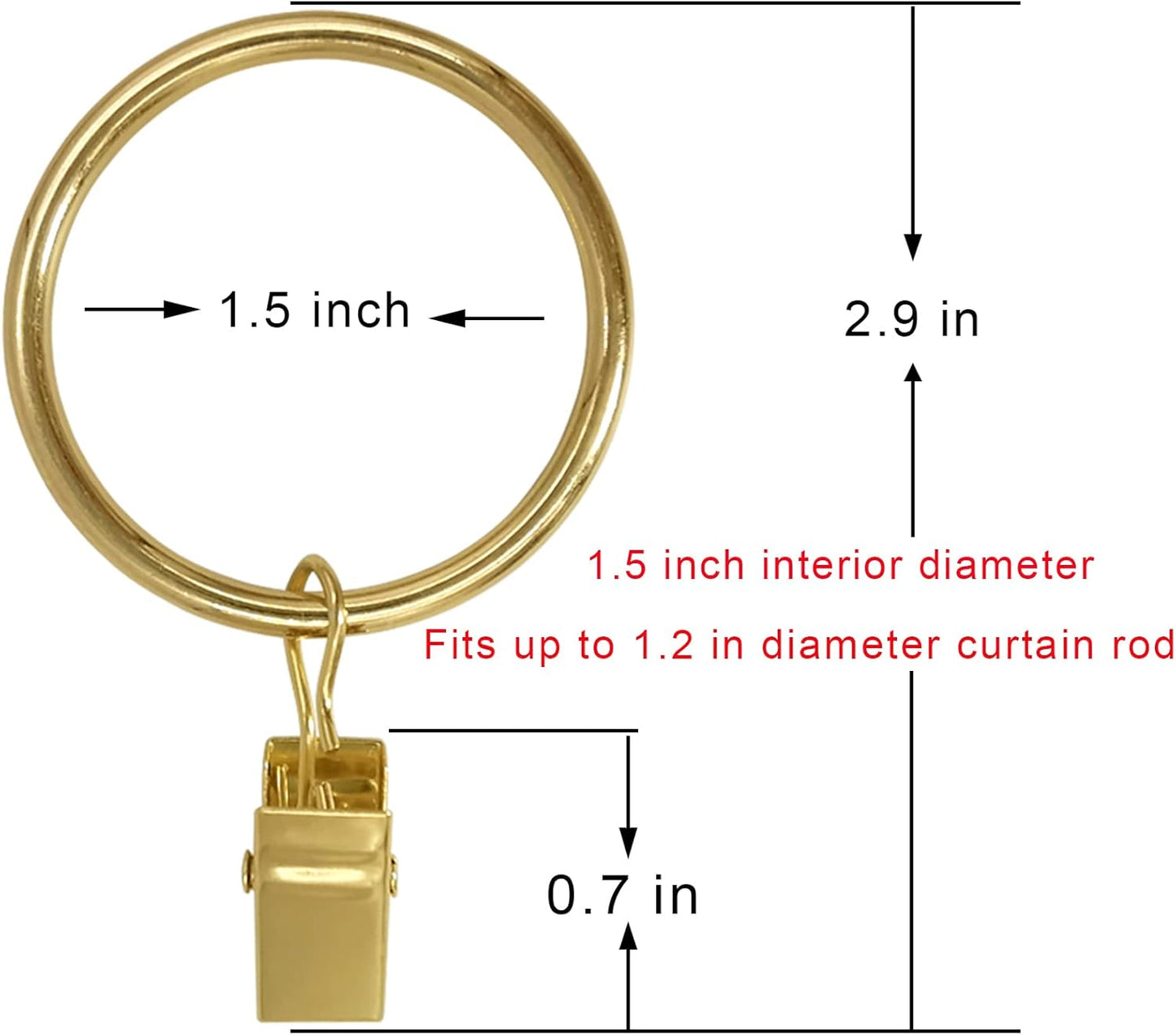 100 Pack Gold Curtain Rings with Clips, Curtain Hooks Hangers Clip Rings for Hanging Drapes Bows Hat, Drapery Rings 1.5 in I D, Fits up to 1.2 in Diameter Curtain Rod.