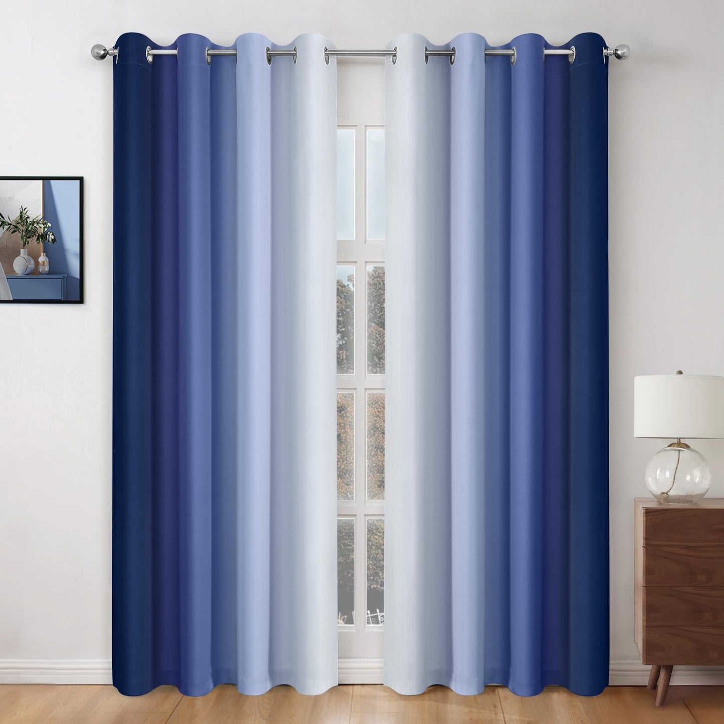 HOMEIDEAS Navy Blue Ombre Blackout Curtains, 52 X 96 Inch Length Gradient Color Room Darkening Curtains with Grommet Thermal Insulated Window Drapes for Living Room, Bedroom, 2 Panels