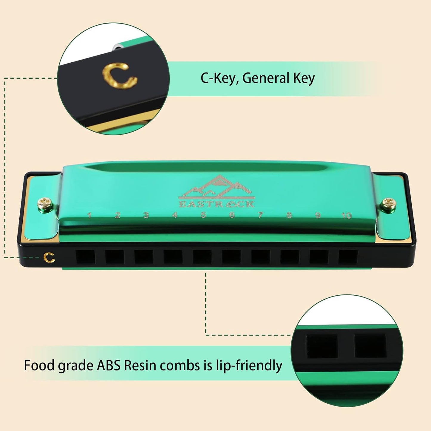 EastRock Blues Harmonica Mouth Organ 10 Hole C Key with Case, Diatonic Harmonica for Professional Player, Beginner, Students gifts, Adult, Friends, Gift