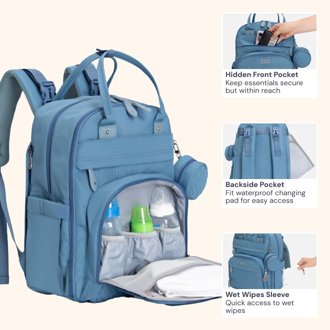 BabbleRoo Diaper Bag Backpack - Baby Essentials Travel Tote - Multi function Waterproof Diaper Bag, Travel Essentials Baby Bag with Changing Pad, Stroller Straps & Pacifier Case - Unisex, Light Blue