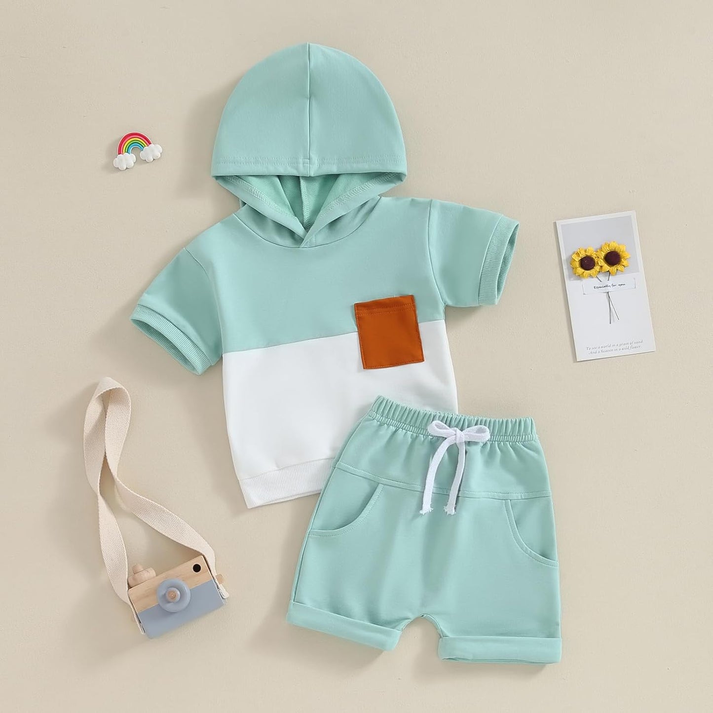 Toddler Baby Boy Summer Hooded Outfit Contrast Color Short Sleeve T Shirt Top Elastic Shorts Summer Clothes Set