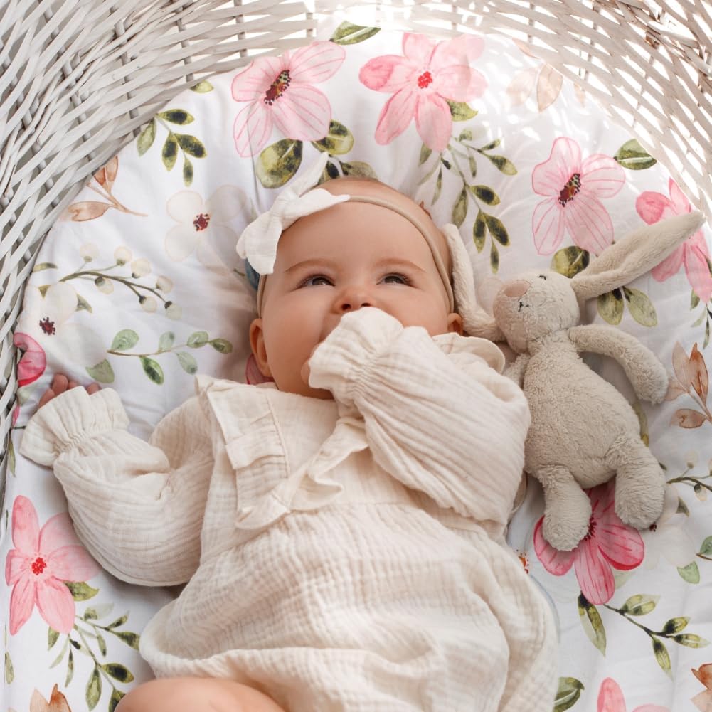 4 Pack Baby Girl Bassinet Sheets Set Soft Fitted Floral or Elephant Theme Baby Girl Mattress Covers Breathable Toddler Bed Sheets for Infant or Newborn Girls (Flower, Bassinet Sheets)