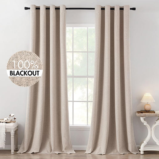 MIULEE 100% Blackout Linen Textured Curtains for Bedroom Solid Thermal Insulated Natural Beige Grommet Room Darkening Curtains & Drapes Luxury Decor for Living Room Nursery 52 x 120 Inch (2 Panels)