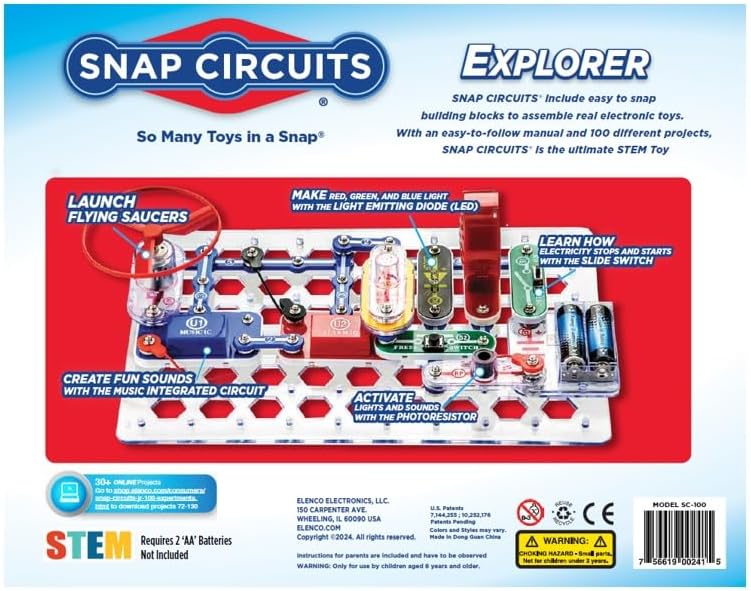 Snap Circuits Jr. SC-100 Electronics Exploration Kit, Over 100 Projects, Full Color Project Manual, 28 Parts, STEM Educational Toy for Kids 8 +