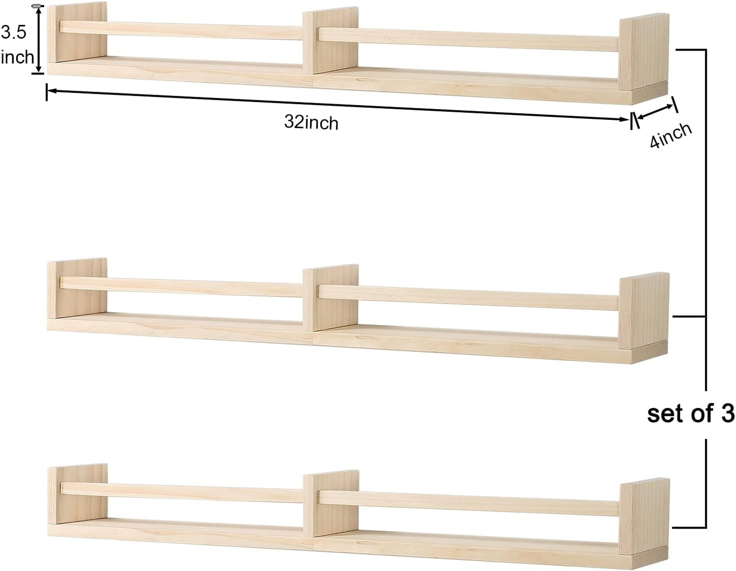 Nursery Bookshelves Wall Mounted，32inch，Set of 3, Wood Floating Wall Bookshelf for Kids,Natural Wood Color,Hanging Shelf for Baby Nursery Room Decor, Pine