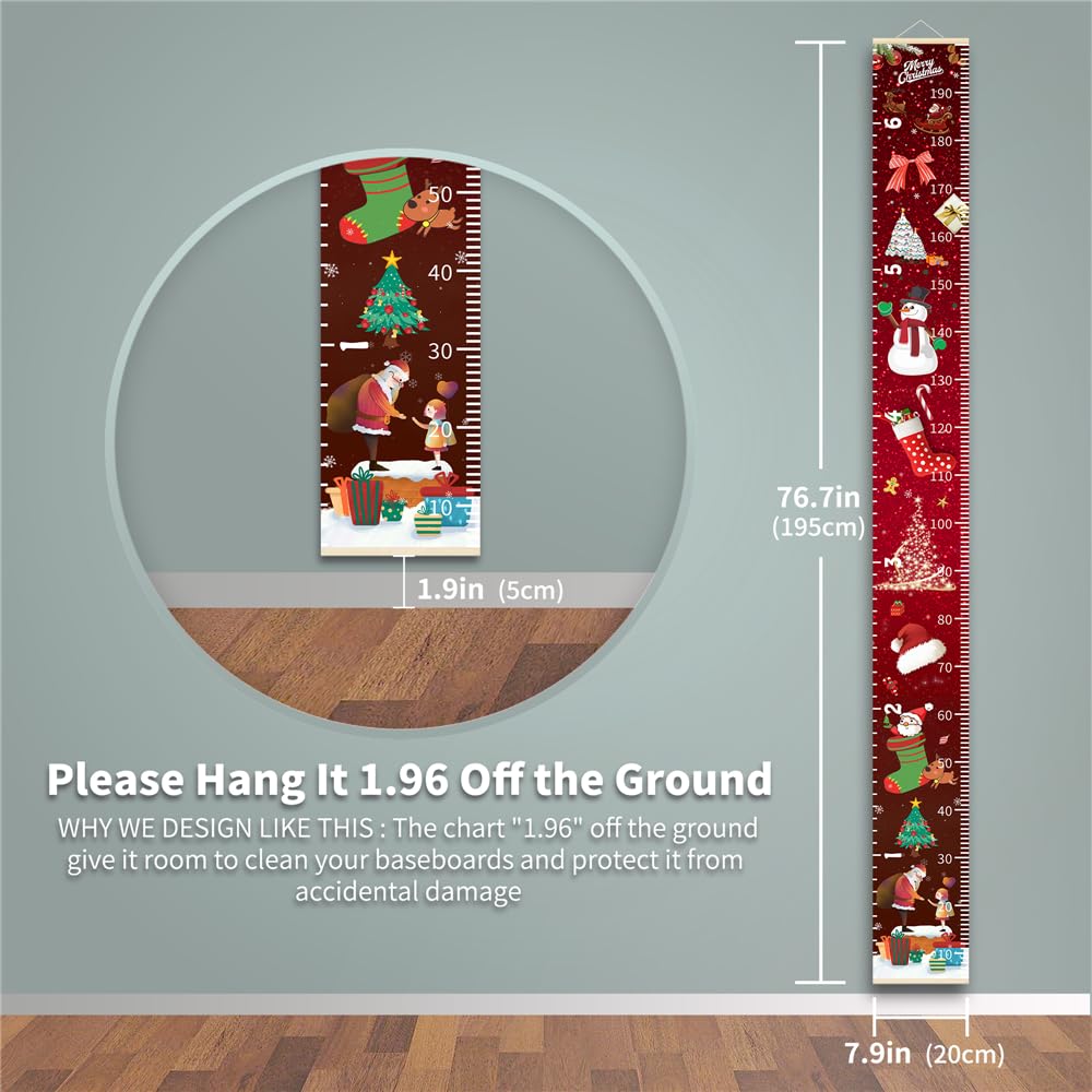 Christmas Baby Growth Chart for Wall, Height Chart for Kids, Xmas Kids Nursery Decor, Hanging Ruler Wall Decor, Kids Room Decor, Holiday Gifts for Boys Girls Toddlers - 76.7 x 7.9in with Beige Wood