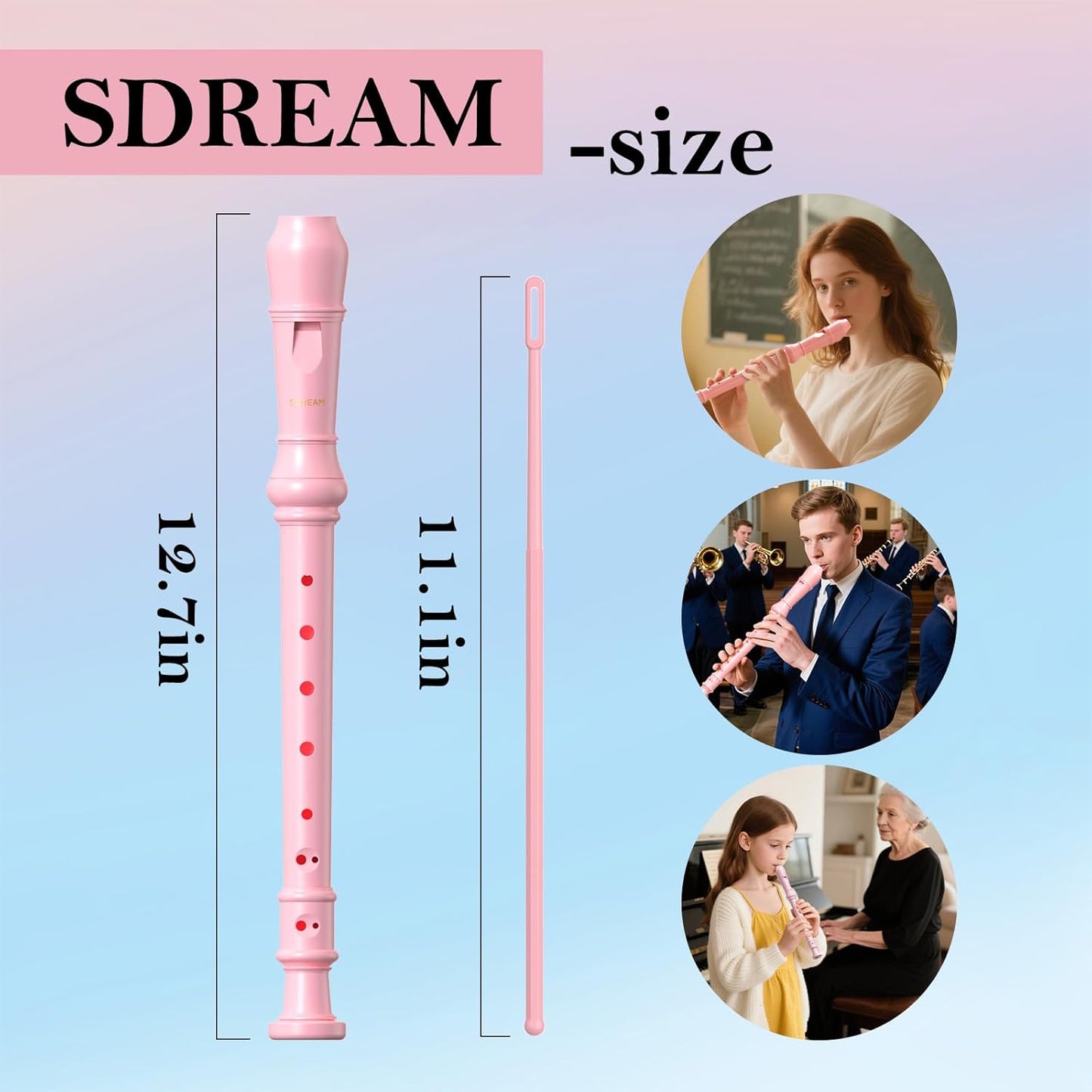 SDREAM Soprano Recorder Instrument for Kids and Adults - Beginner 8 Hole German Fingering Recorder Flute With Cleaning Rod, Packing Bag and Sheet Music (Pink)