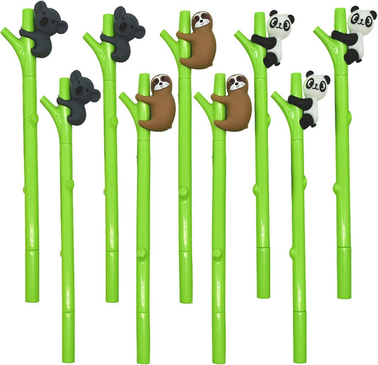12PCS Cute Animal Pens - 12 Kai Sloth Koala Panda Gel Pens, 0.5mm Black Ink for School, Party & Office