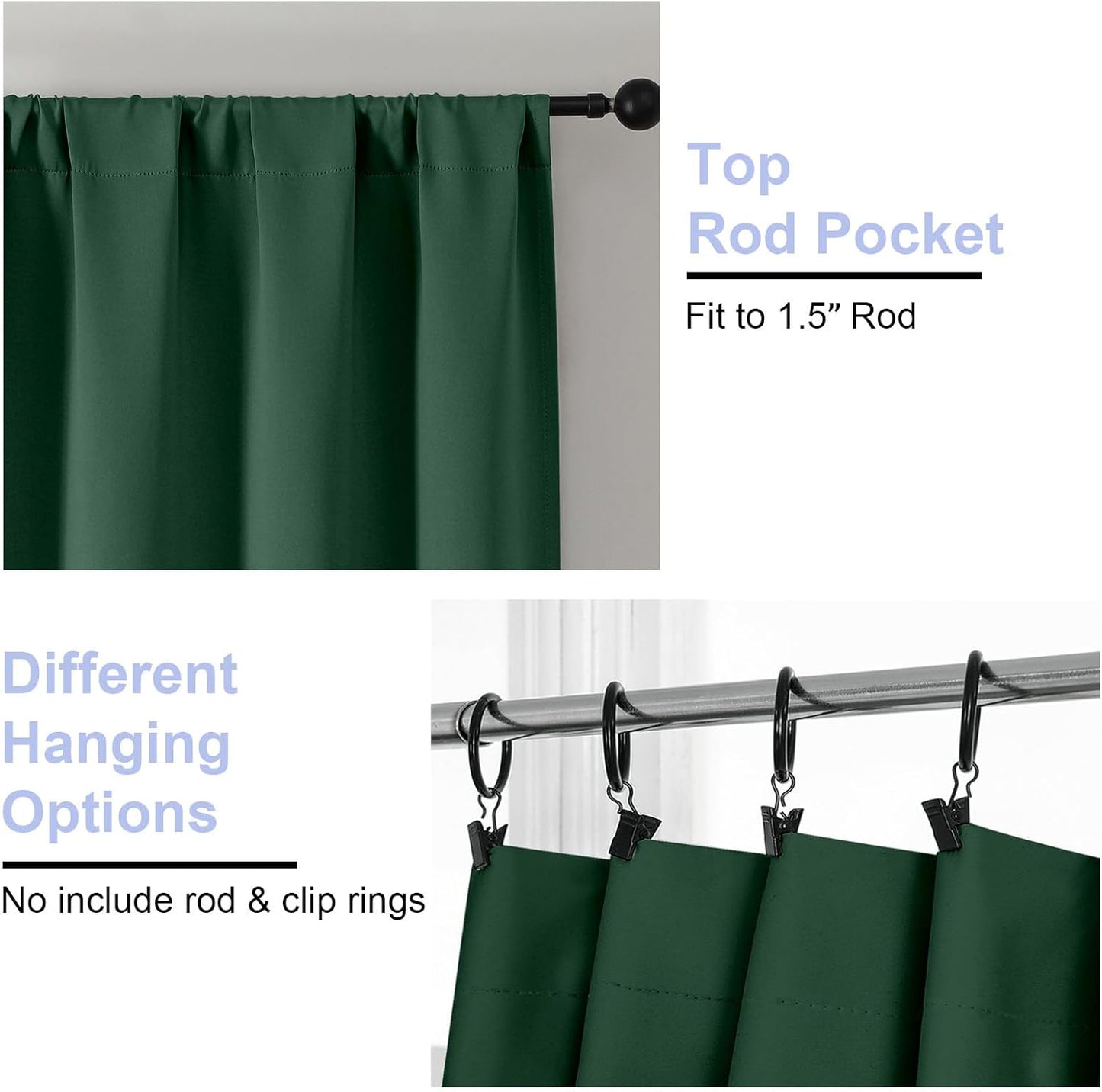 Simplebrand Ava Blackout Curtains for Patio 108 Inches Long 2 Panels Set, Solid Thermal Insulated Room Darkening Rod Pocket Window Treatment Curtains Blackout Drapes, W50 x L108 Inch, Ever Green