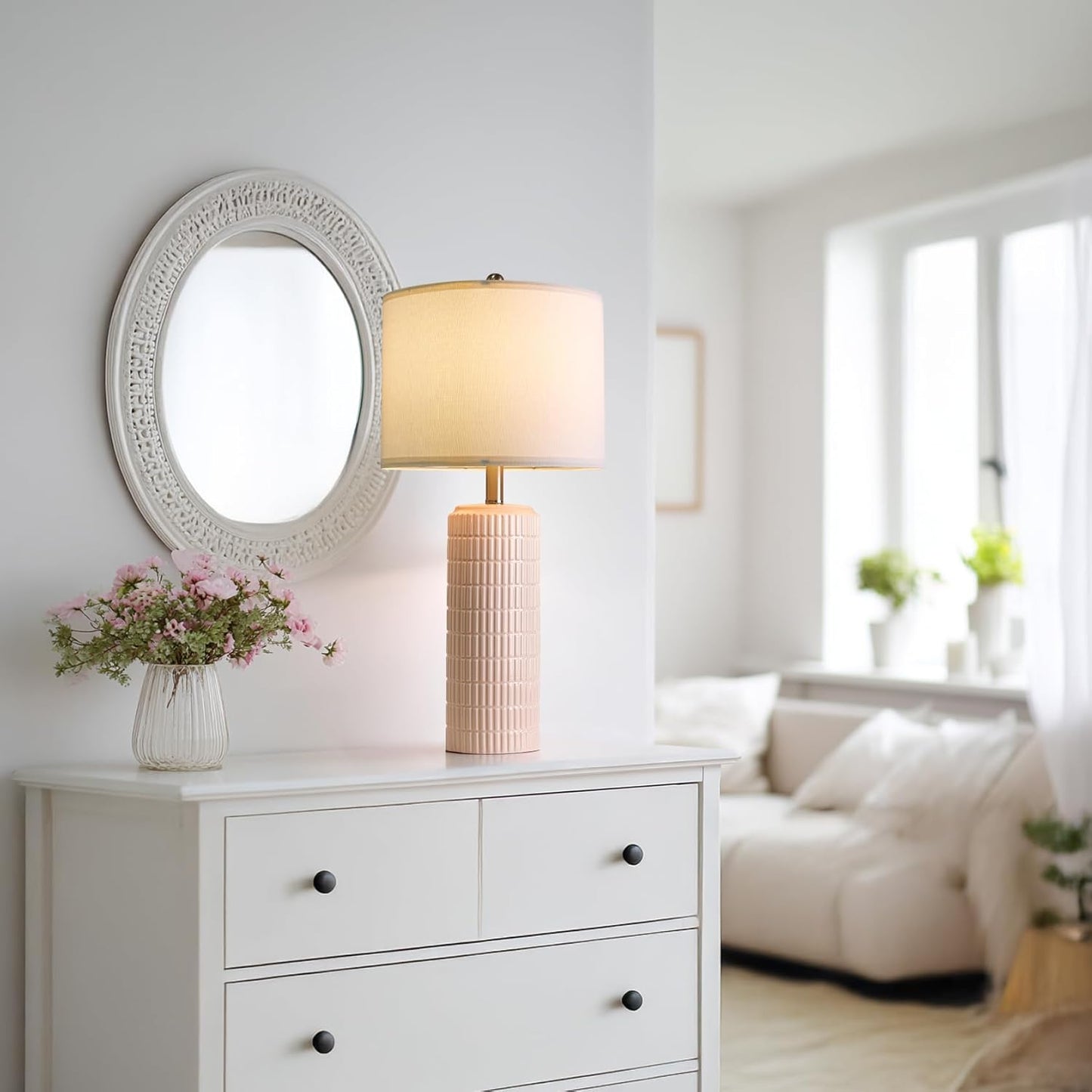 PoKat 27.5" Pink Ceramic Table Lamps for Girls Room Set of 2, Modern Bedroom Lamps, Bedside Lamps for Night Stands Living Room, Cute Lamps Pink Decor, Nightstands Desk Nursery