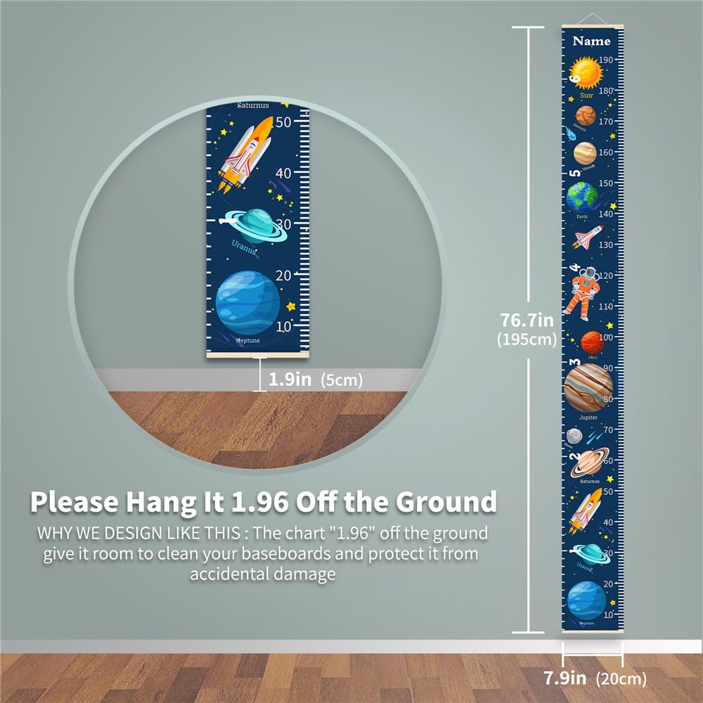 Personalized Growth Chart for Kids, Baby Height Chart with Custom Name, 77"x7.9" Canvas and Black Wood Height Measuring Rulers for Boys Girls Removable Wall Ruler Hanging for Nursery Decor - Planets