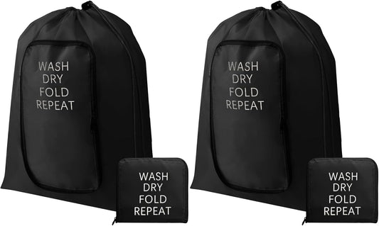 2 Pcs Travel Laundry Bag Washable Dirty Clothes Bag with Drawstring and Zipper for Suitcase, 22 x 18 Inch (Black,Classic)