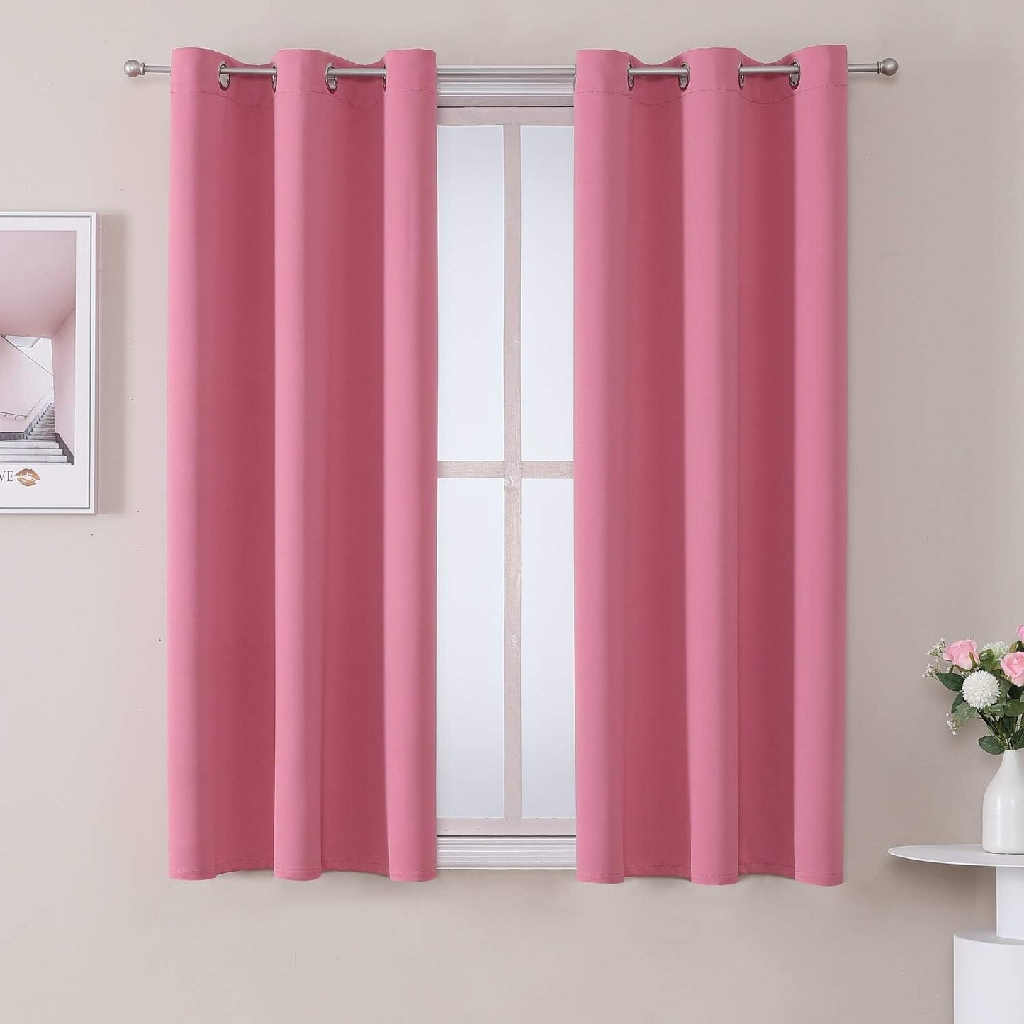 ChrisDowa Small Window Curtains 50 inches Long for Bedroom - Grommet Short Thermal Insulated Room Darkening Curtains for Kitchen (2 Panels, Pink, 29 x 50 Inch)