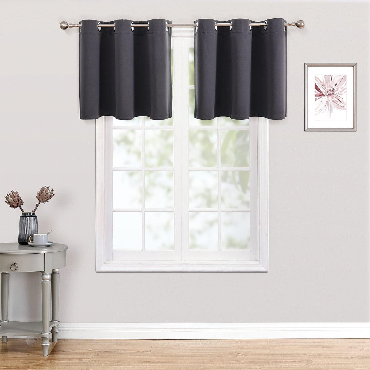 ChrisDowa Small Kitchen Valances for Windows - Grommet Short Thermal Insulated Room Darkening Window Valances Curtains for Living Room (2 Panels, Dark Grey, 52 x 18 Inch)