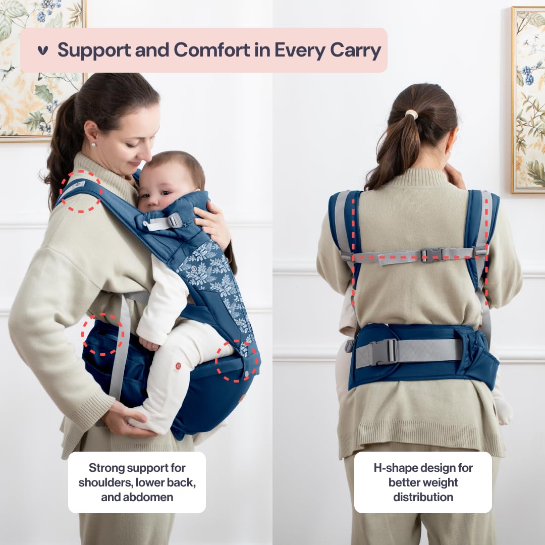 BabbleRoo Grow Carrier – Safety-Certified 6-in-1 Baby Carrier with Hip Seat, Ergonomic & Adjustable Toddler Carrier 7-50 lbs with Hip Support, Hood for Sun Protection, Newborn to Toddler, Denim Leaves
