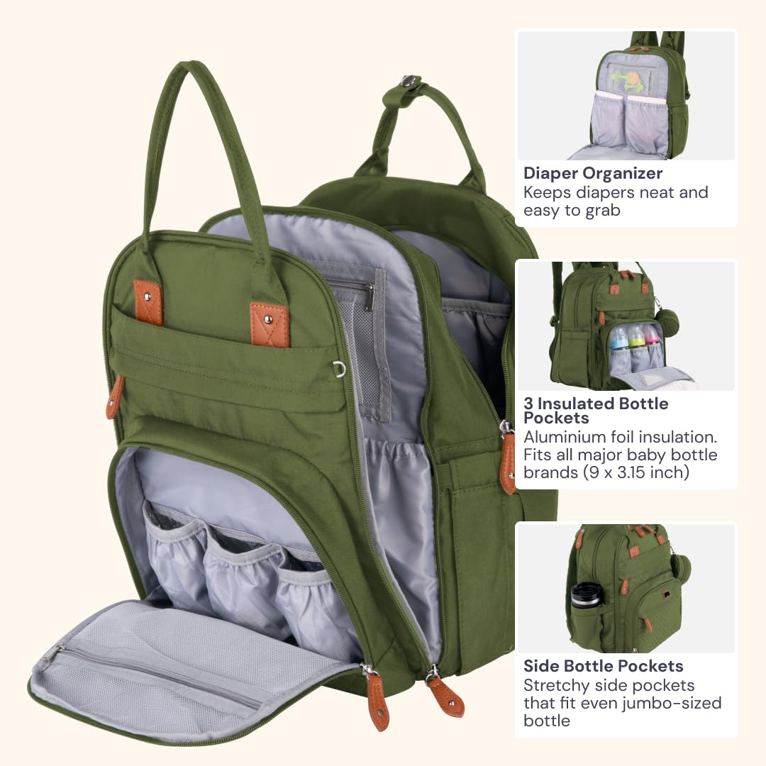BabbleRoo Extra Large Diaper Bag Backpack, Expandable Baby Bag with Up to 50% More Capacity - Travel Essentials Baby Bag Tote with Changing Pad, Stroller Straps & Pacifier Case - Unisex, Forest Green