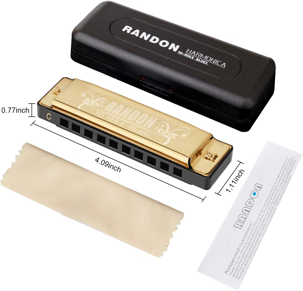 Randon Gold Harmonica Key of C, 10 Holes Diatonic Harmonicas for Adults/Kids/Beginners, Blues Harmonica as Gift, with Case, Clean Cloth and Manual