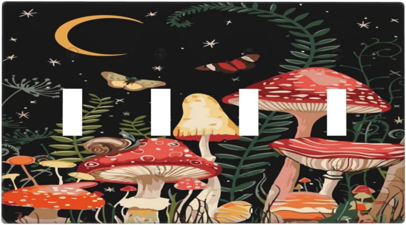 Moon Star Red Mushroom Forest Butterfly Green Plant Light Switch Covers Quad Toggle Electrical Faceplate 4 Gang Wall Plate Decorative Switch Plates for Kids Room Home Decor
