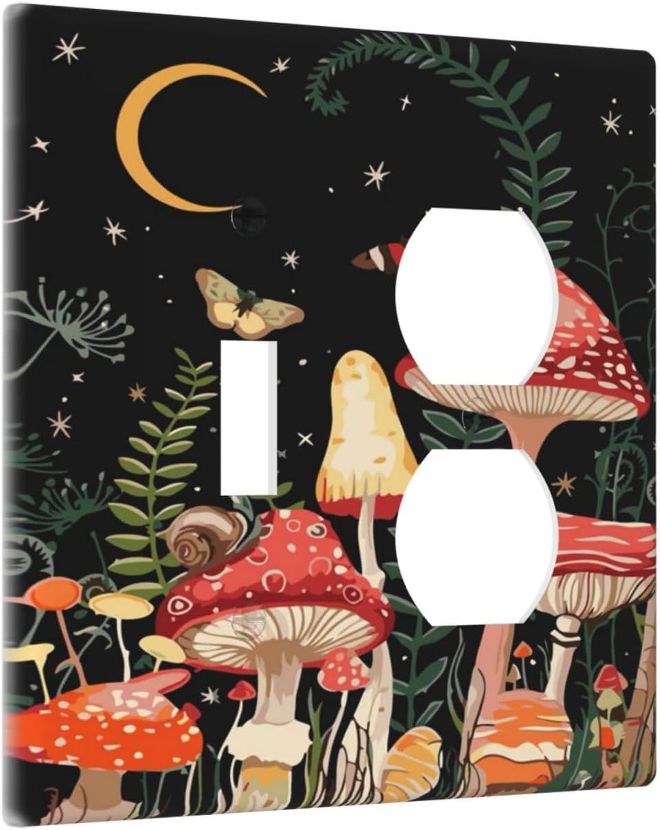 Moon Star Red Mushroom Forest Butterfly Green Plant Wallplates 1 Toggle 1 Duplex Switch Plate Electrical GFCI Faceplate Decorative Light Switch Covers for Kids Room Home Decor