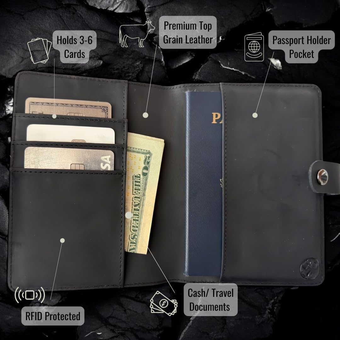 Genuine Leather AirTag Passport Holder and Wallet for Men and Women RFID Blocking for Secure Traveling and Documentation Organizer (Black)