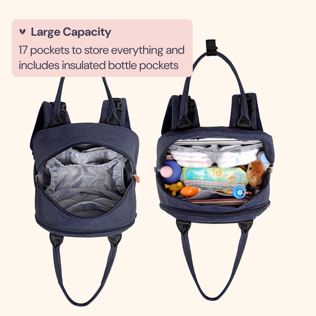BabbleRoo Diaper Bag Backpack - Baby Essentials Travel Tote - Multi Function Waterproof Diaper Bag, Travel Essentials Baby Bag with Changing Pad, Stroller Straps & Pacifier Case - Unisex, Navy Blue