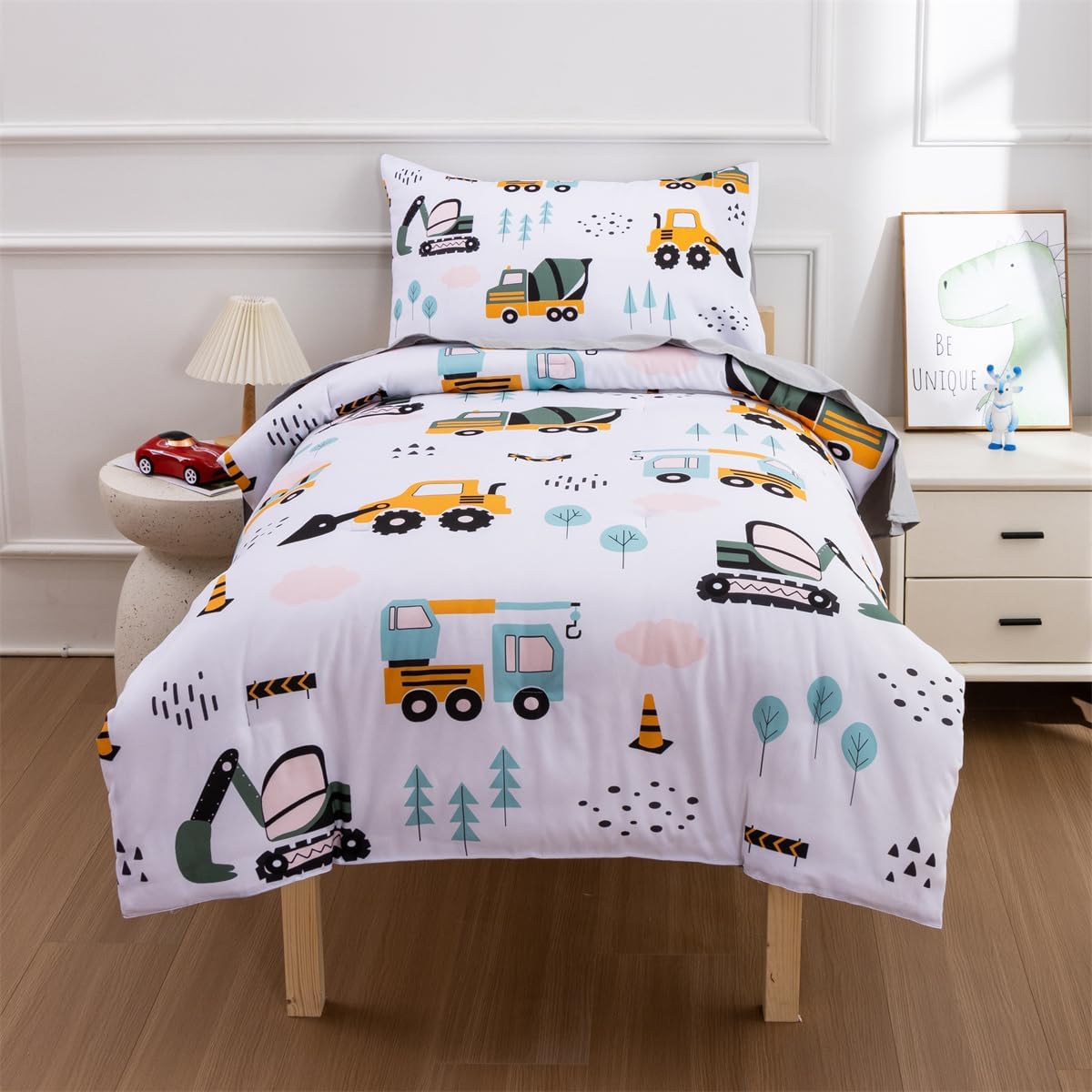 NTBED 4 Pieces Construction Toddler Bedding Set for Baby Boys,Tree Truck Vehicles Excavator Cars Printed, Includes Comforter, Flat Sheet, Fitted Sheet and Pillowcase,Light Green