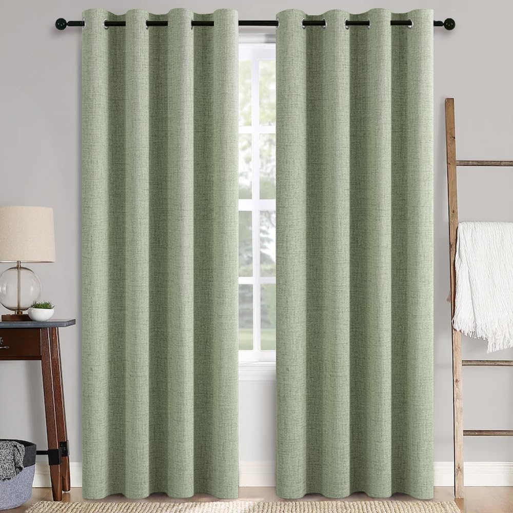 MIULEE Linen Texture Curtains for Bedroom Solid 100% Blackout Thermal Insulated Sage Green Curtains Grommet Room Darkening Drapes for Living Room Nursery 52x72 Inch (2 Panels)