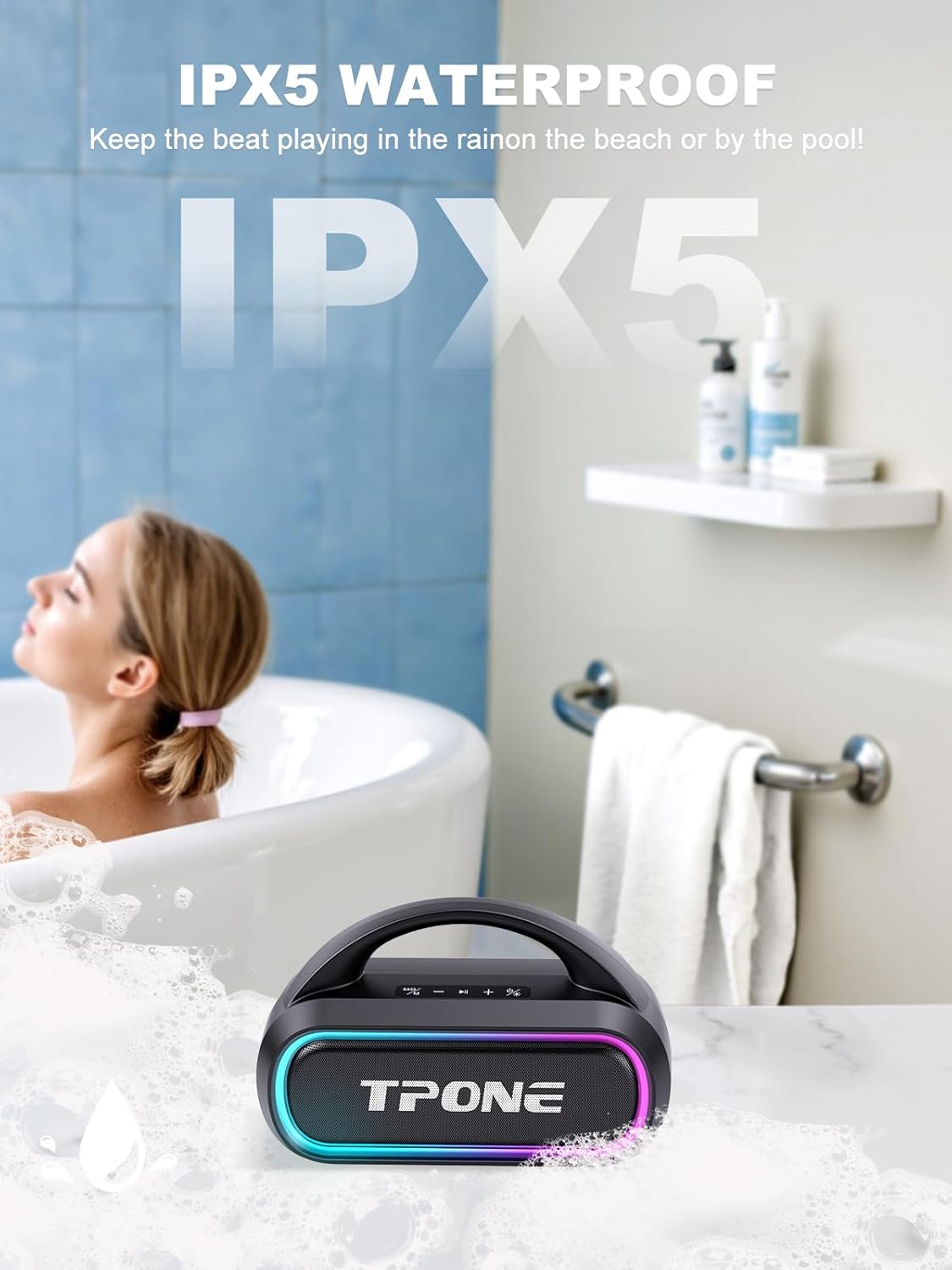 TPone Portable Bluetooth Speaker, 30W Peak, 12H Playtime, IPX5 Waterproof with Light, TWS Pairing, Wireless Speaker for Home/Party/Outdoor/Beach, Birthday Gift (Black)