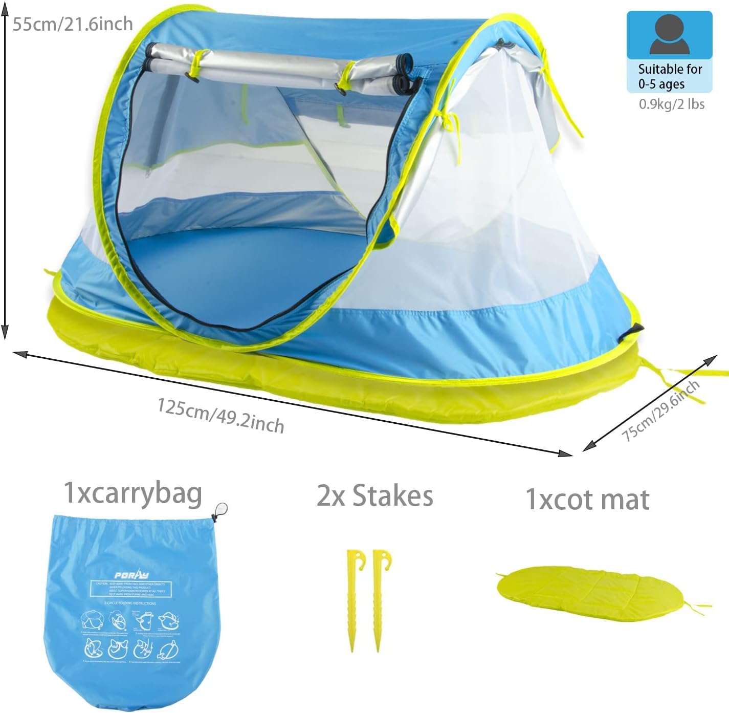 Poray Portable Baby Beach Tent with UPF 50+ Sun Shelter,Mosquito Net and Sunshade, Ideal Pop Up Kids Travel Tent with Carry Bag & 2 Stakes,Outdoor Indoor Play and Sun Protection