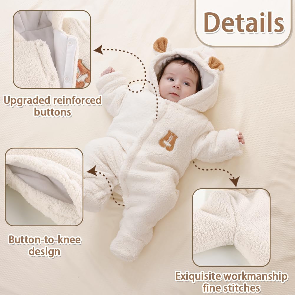 XIFAMNIY Newborn Fleece Footie Jumpsuit Hooded Warm Thicken Winter Outwear Snowsuit for Baby Girls and Boys